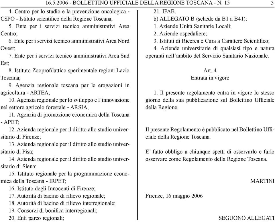 Ente per i servizi tecnico amministrativi Area Centro; 6. Ente per i servizi tecnico amministrativi Area Nord Ovest; 7. Ente per i servizi tecnico amministrativi Area Sud Est; 8.