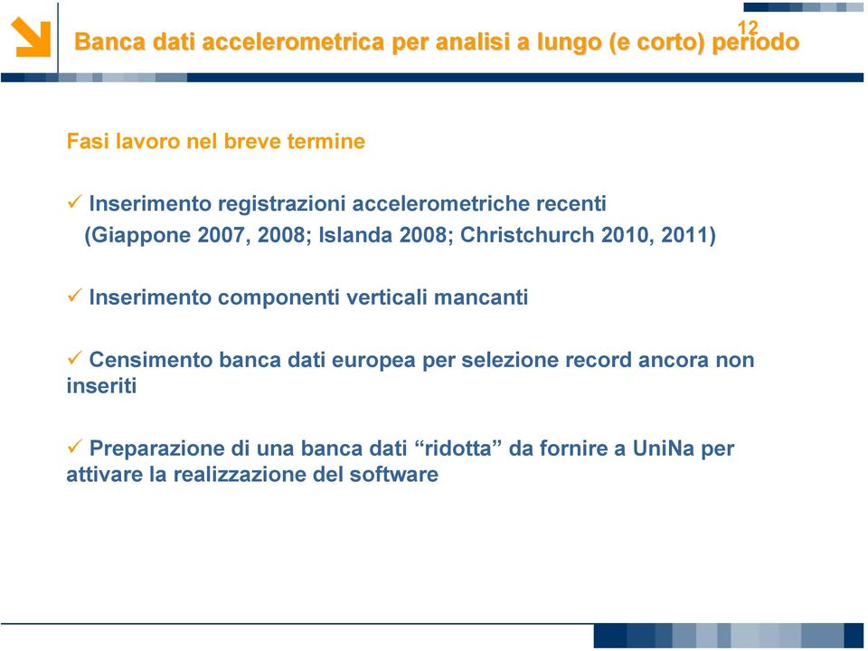 2011) Inserimento componenti verticali mancanti Censimento banca dati europea per selezione record ancora