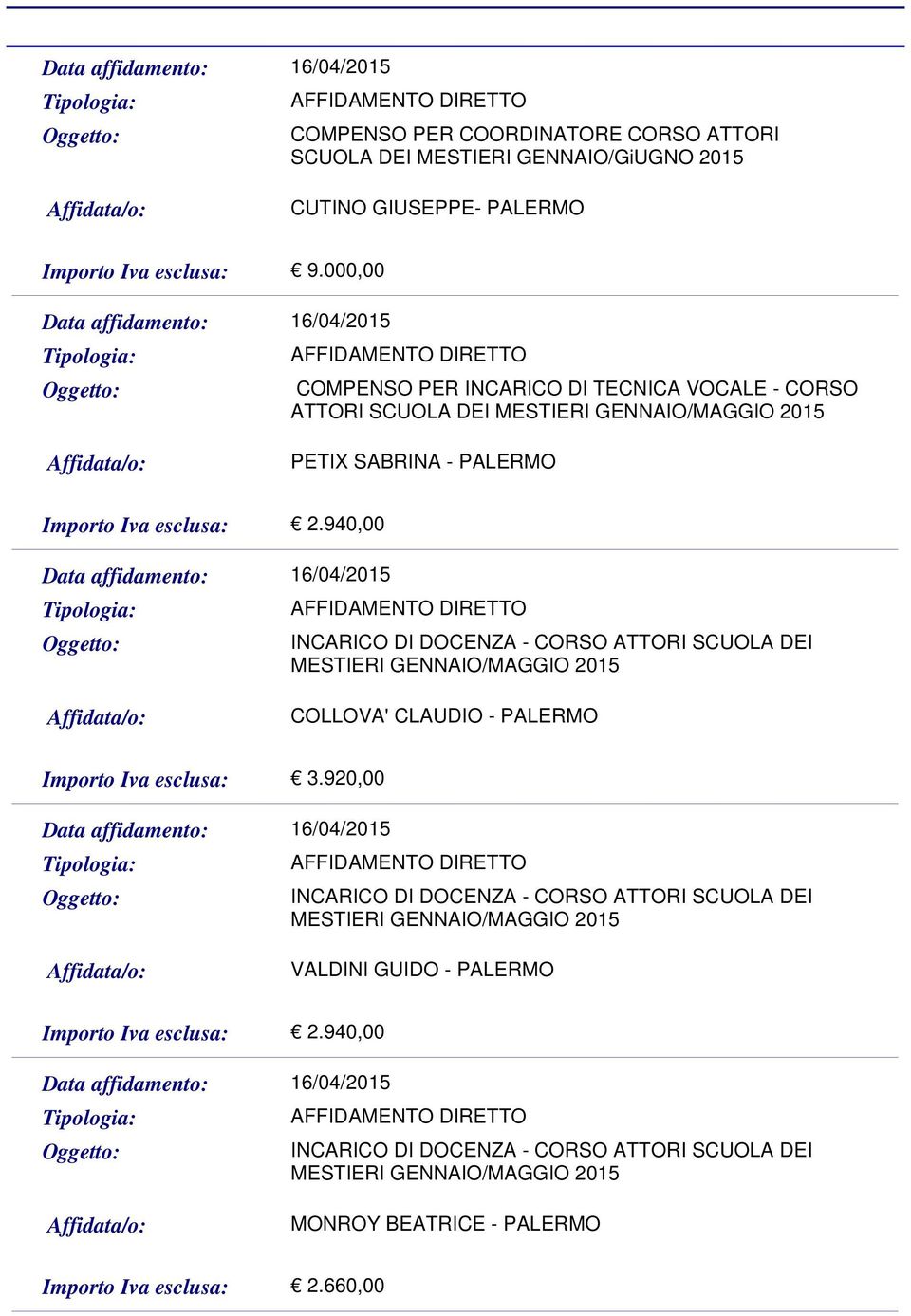 940,00 INCARICO DI DOCENZA - CORSO ATTORI SCUOLA DEI MESTIERI GENNAIO/MAGGIO 2015 COLLOVA' CLAUDIO - PALERMO 3.