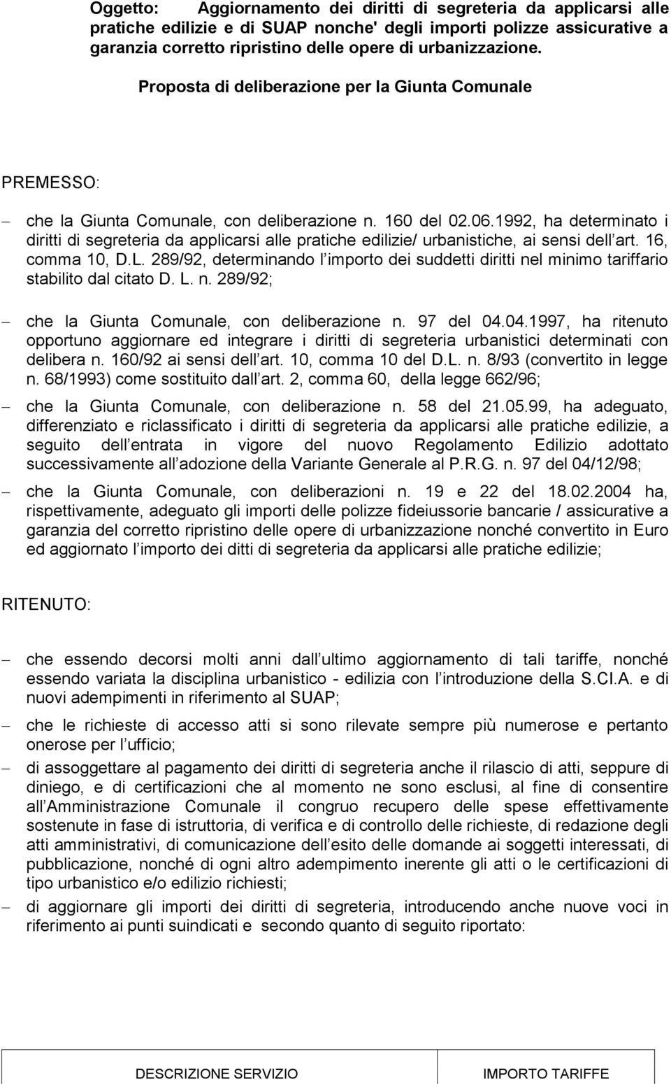 1992, ha determinato i diritti di segreteria da applicarsi alle pratiche edilizie/ urbanistiche, ai sensi dell art. 16, comma 10, D.L.