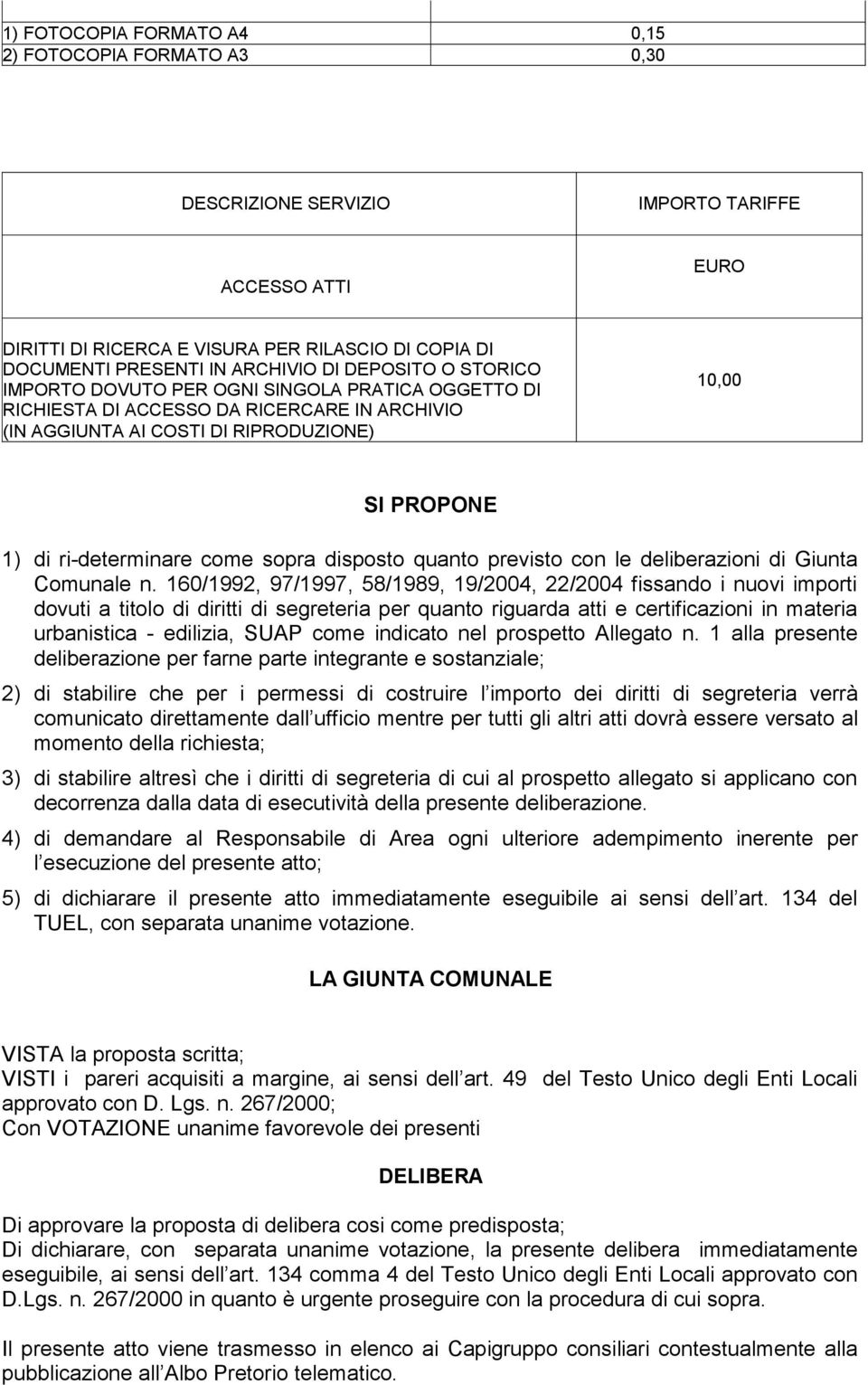 sopra disposto quanto previsto con le deliberazioni di Giunta Comunale n.