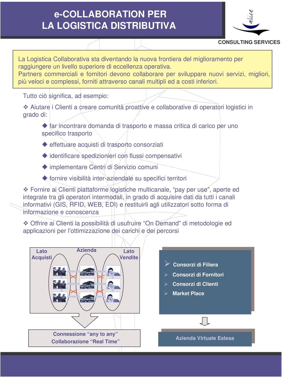 utto ciò significa, ad esempio: Aiutare i Clienti a creare comunità proattive e collaborative di operatori logistici in grado di: far incontrare domanda di trasporto e massa critica di carico per uno