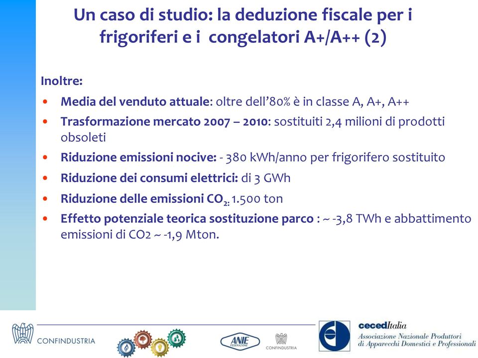 Riduzione emissioni nocive: - 380 kwh/anno per frigorifero sostituito Riduzione dei consumi elettrici: di 3 GWh Riduzione