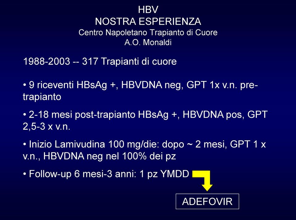 Monaldi 1988-2003 -- 317 Trapianti di cuore 9 riceventi HBsAg +, HBVDNA neg, GPT 1x v.n. pretrapianto 2-18 mesi post-trapianto HBsAg +, HBVDNA pos, GPT 2,5-3 x v.