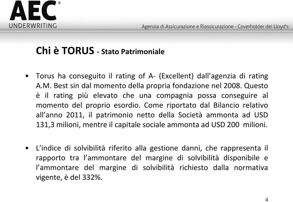 Come riportato dal Bilancio relativo all anno 2011, il patrimonio netto della Società ammonta ad USD 131,3 milioni, mentre il capitale sociale ammonta ad USD 200