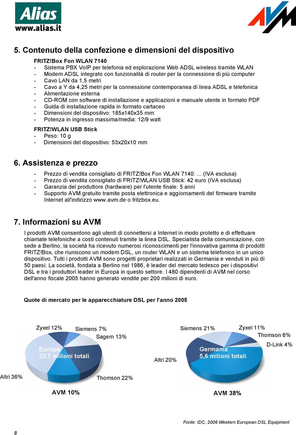 1,5 metri - Cavo a Y da 4,25 metri per la connessione contemporanea di linea ADSL e telefonica - Alimentazione esterna - CD-ROM con software di installazione e applicazioni e manuale utente in