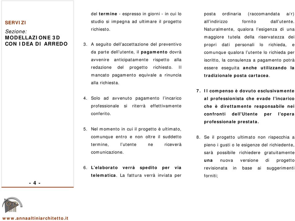 Il mancato pagamento equivale a rinuncia alla richiesta. 4. Solo ad avvenuto pagamento l incarico professionale si riterrà effettivamente conferito. 5.