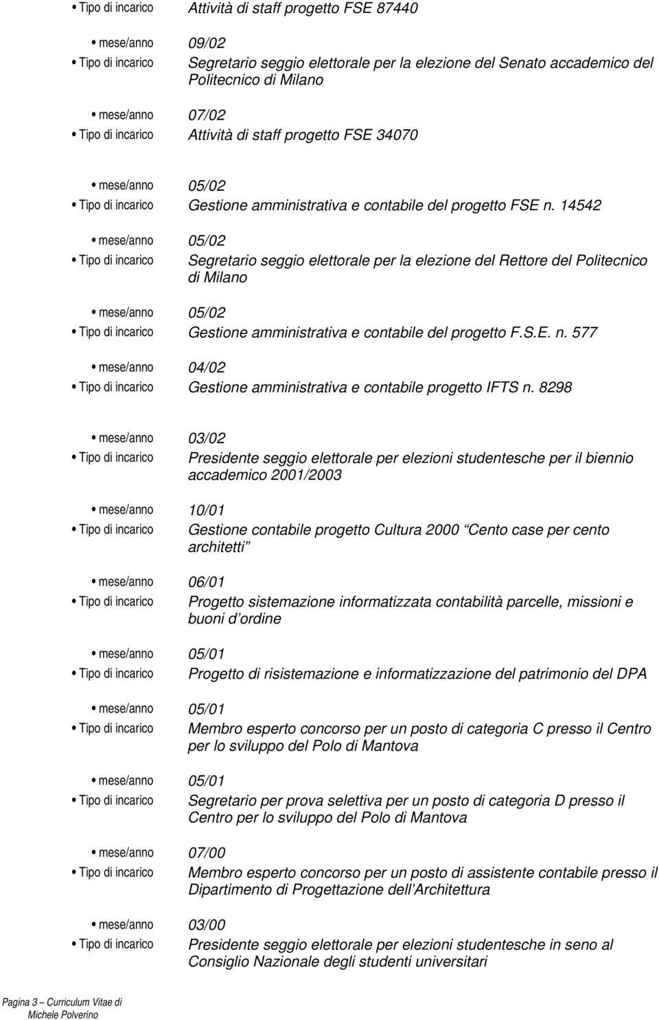 14542 mese/anno 05/02 Tipo di incarico o seggio elettorale per la elezione del Rettore del Politecnico di Milano mese/anno 05/02 Tipo di incarico Gestione amministrativa e contabile del progetto F.S.