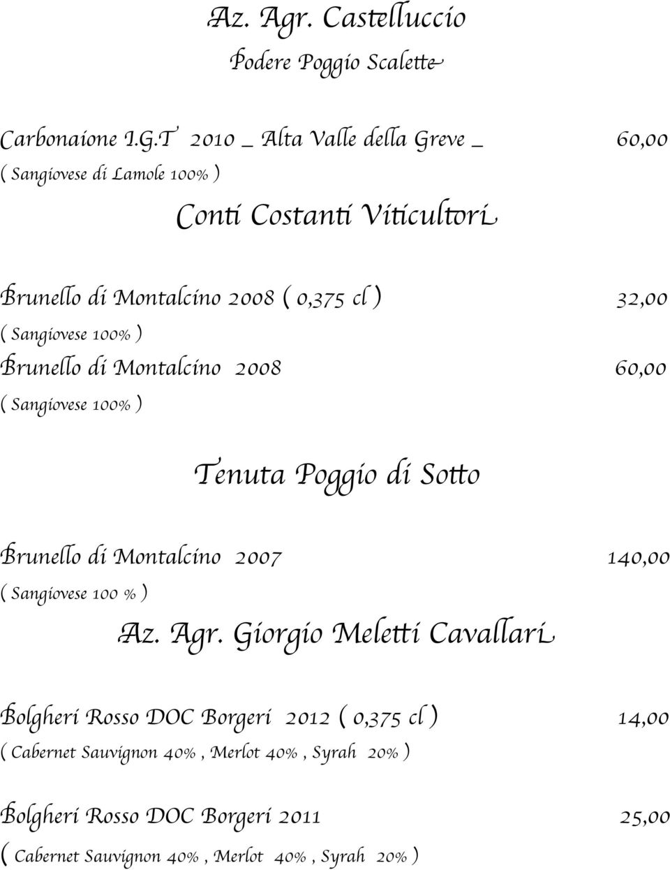 ) 32,00 Brunello di Montalcino 2008 60,00 Tenuta Poggio di Sotto Brunello di Montalcino 2007 140,00 ( Sangiovese 100 % ) Az. Agr.