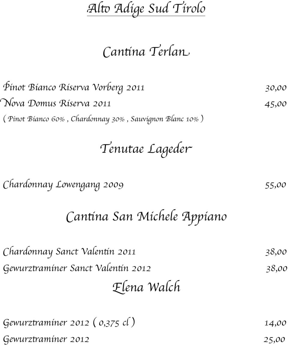 Lowengang 2009 55,00 Cantina San Michele Appiano Chardonnay Sanct Valentin 2011 38,00