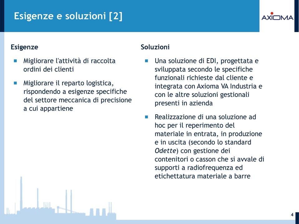 con Axioma VA Industria e con le altre soluzioni gestionali presenti in azienda Realizzazione di una soluzione ad hoc per il reperimento del materiale in entrata, in