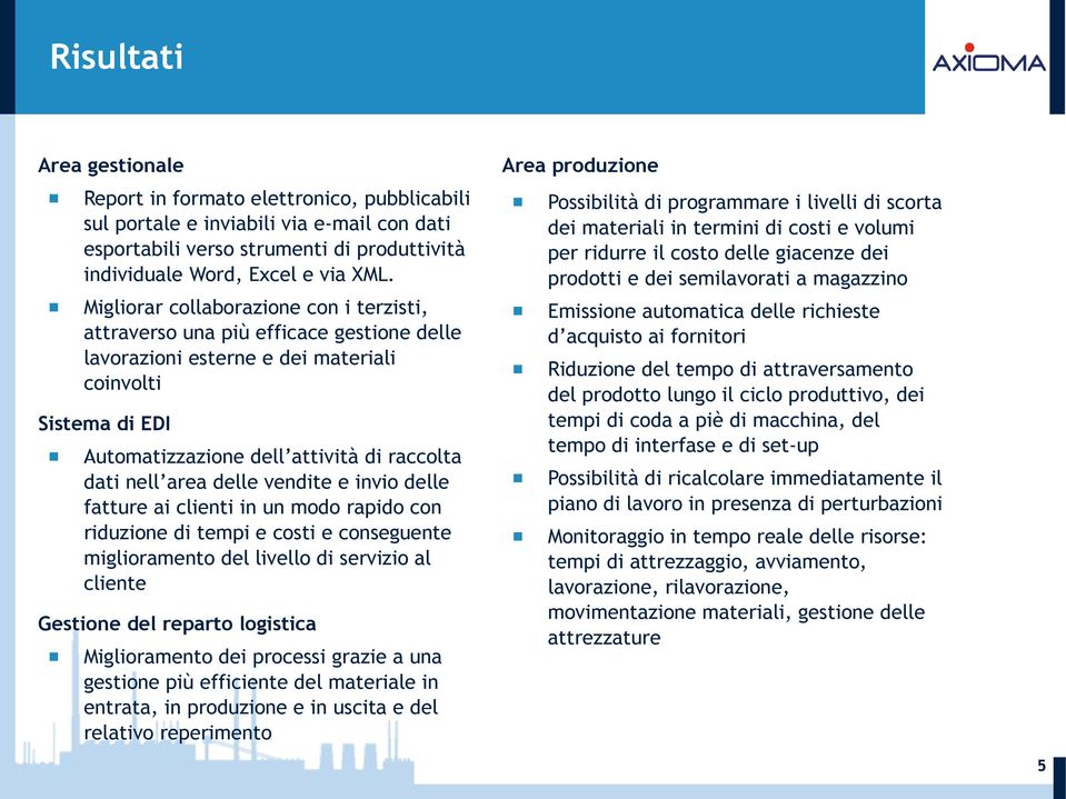 area delle vendite e invio delle fatture ai clienti in un modo rapido con riduzione di tempi e costi e conseguente miglioramento del livello di servizio al cliente Gestione del reparto logistica