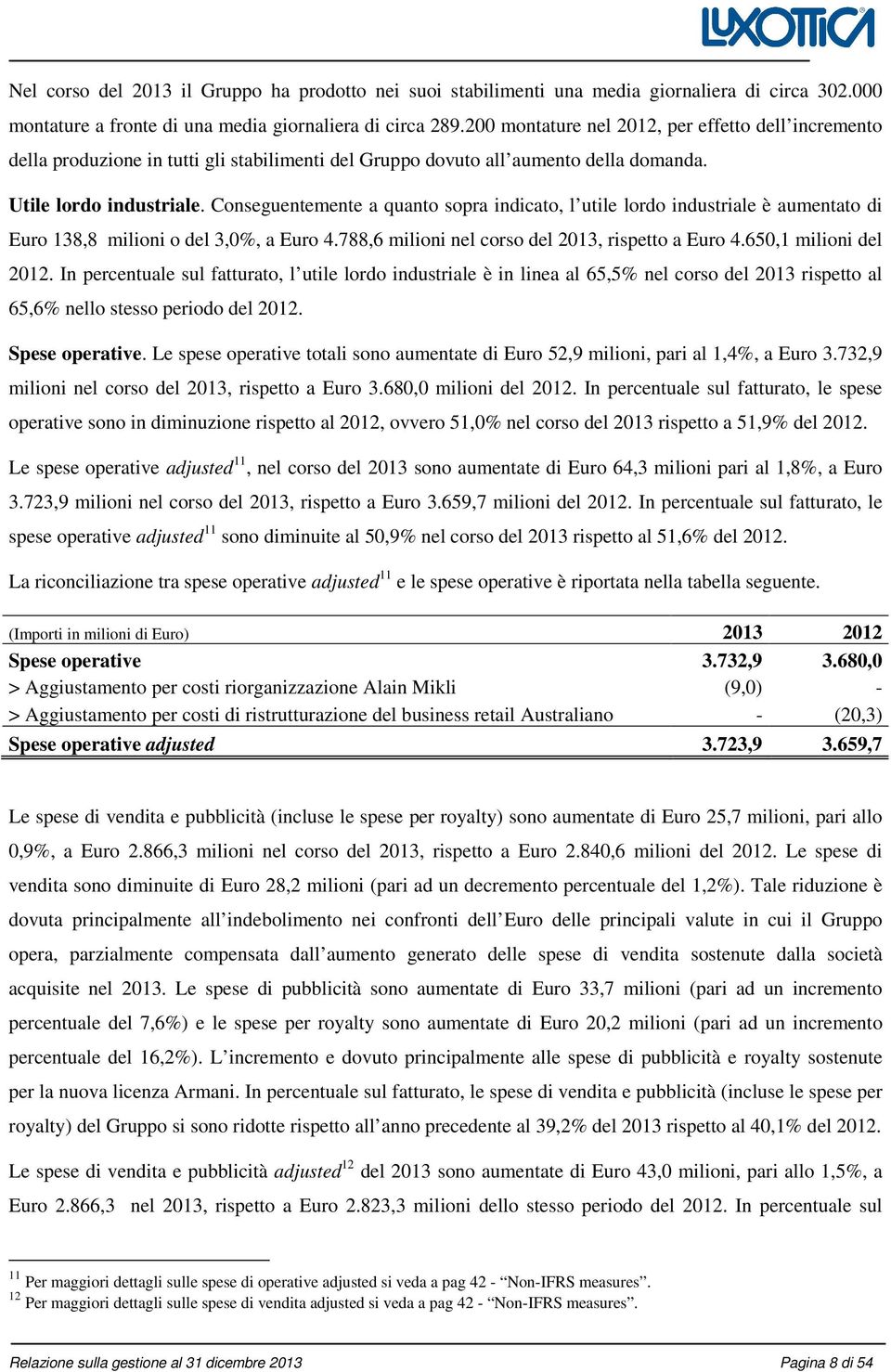 Conseguentemente a quanto sopra indicato, l utile lordo industriale è aumentato di Euro 138,8 milioni o del 3,0%, a Euro 4.788,6 milioni nel corso del 2013, rispetto a Euro 4.650,1 milioni del 2012.