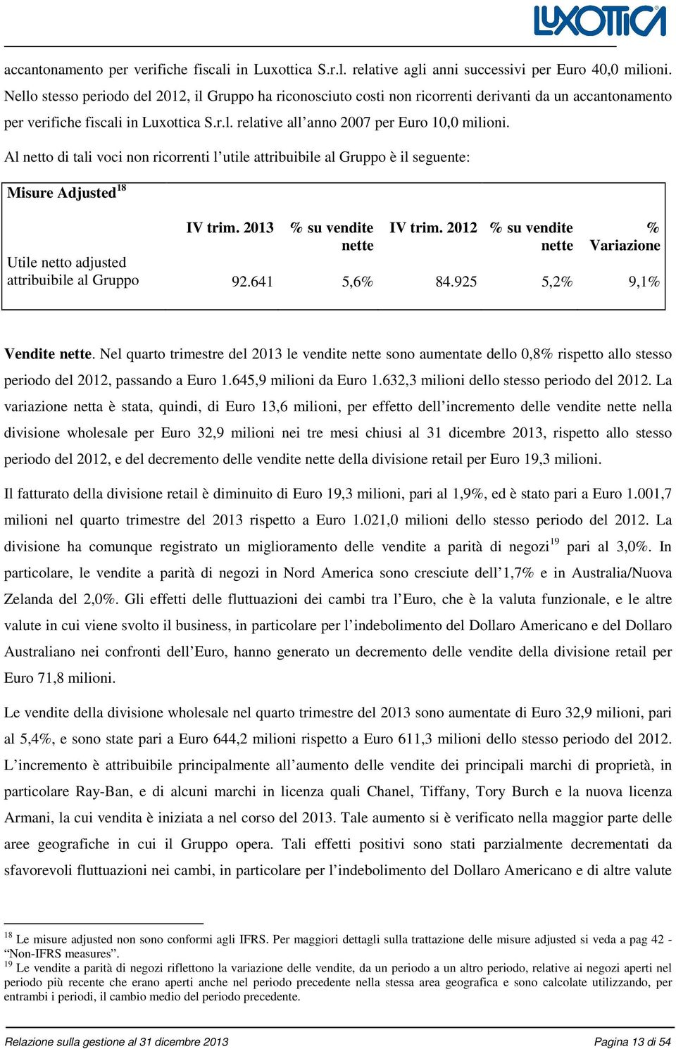 Al netto di tali voci non ricorrenti l utile attribuibile al Gruppo è il seguente: Misure Adjusted 18 IV trim. 2013 % su vendite nette IV trim.