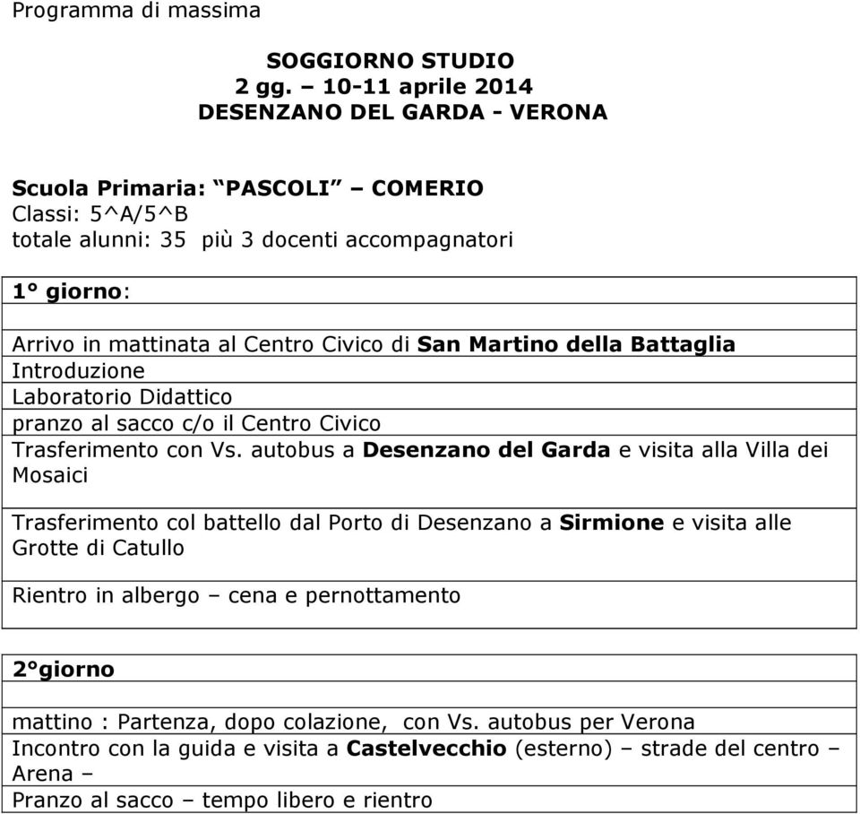 Civico di San Martino della Battaglia Introduzione Laboratorio Didattico pranzo al sacco c/o il Centro Civico Trasferimento con Vs.