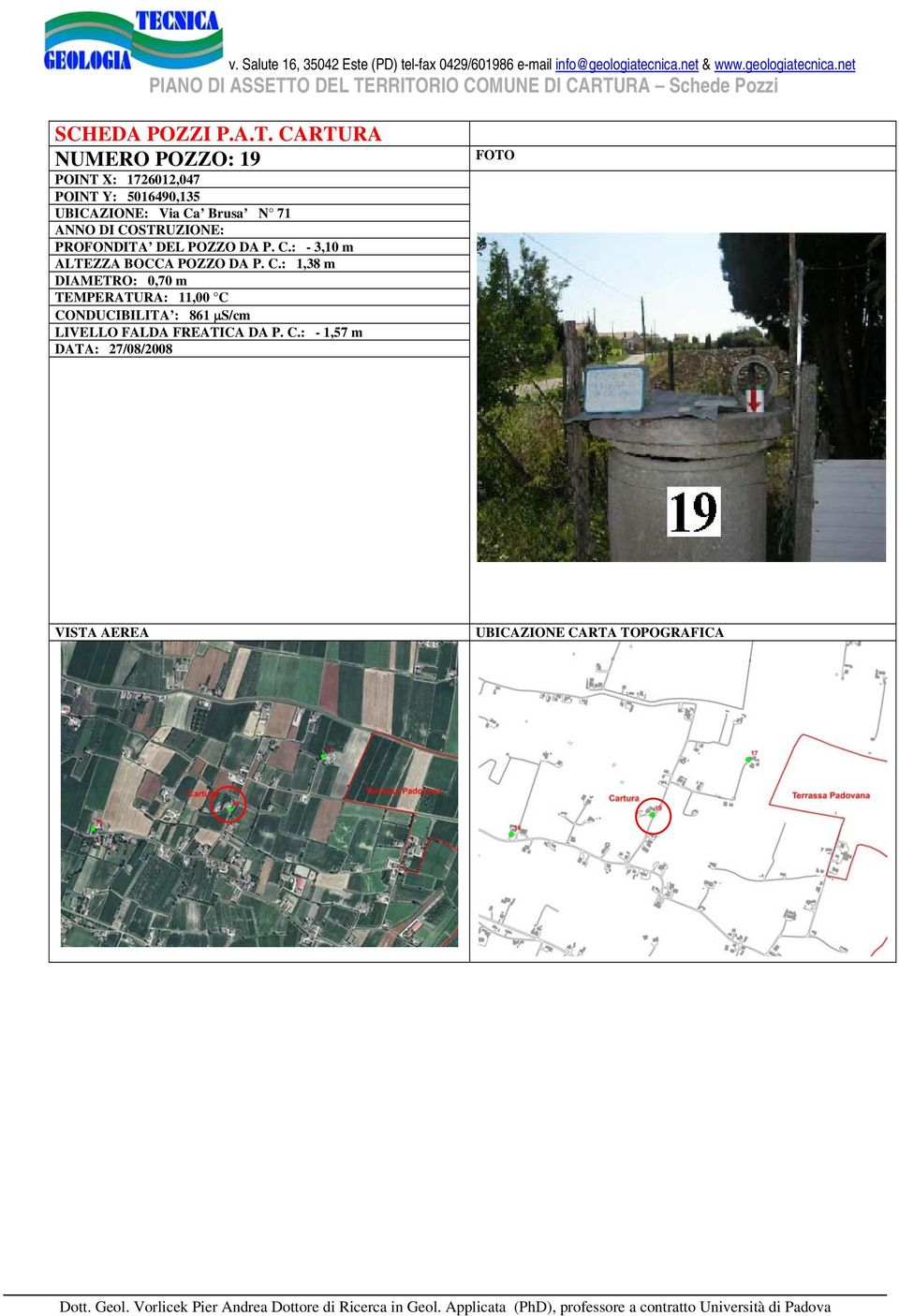 C.: 1,38 m DIAMETRO: 0,70 m TEMPERATURA: 11,00 C CONDUCIBILITA : 861