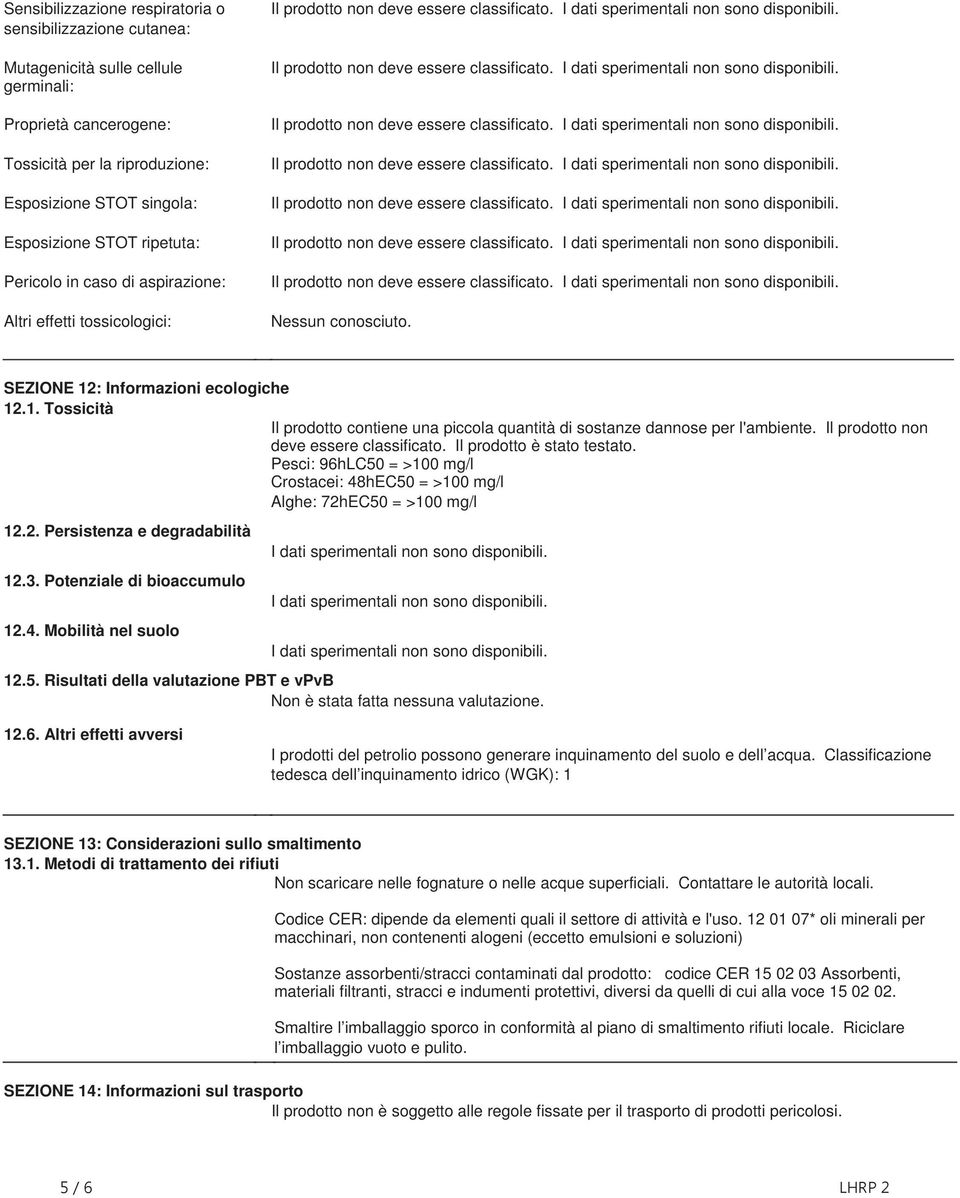 dati sperimentali non sono disponibili Il prodotto non deve essere classificato I dati sperimentali non sono disponibili Il prodotto non deve essere classificato I dati sperimentali non sono