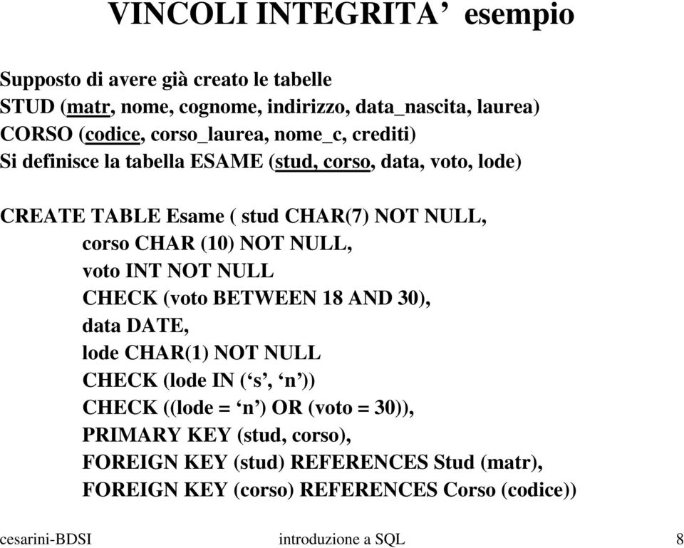 (10) NOT NULL, voto INT NOT NULL CHECK (voto BETWEEN 18 AND 30), data DATE, lode CHAR(1) NOT NULL CHECK (lode IN ( s, n )) CHECK ((lode = n ) OR