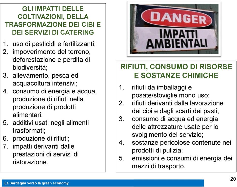 produzione di rifiuti; 7. impatti derivanti dalle prestazioni di servizi di ristorazione. RIFIUTI, CONSUMO DI RISORSE E SOSTANZE CHIMICHE 1. rifiuti da imballaggi e posate/stoviglie mono uso; 2.