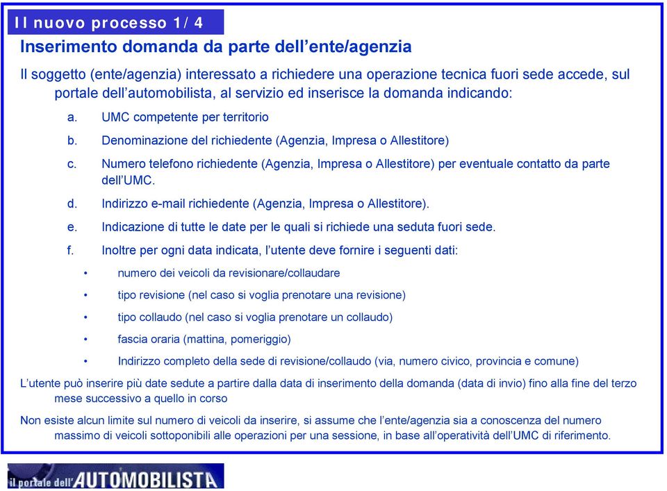 Numero telefono richiedente (Agenzia, Impresa o Allestitore) per eventuale contatto da parte dell UMC. d. Indirizzo e-mail richiedente (Agenzia, Impresa o Allestitore). e. Indicazione di tutte le date per le quali si richiede una seduta fuori sede.