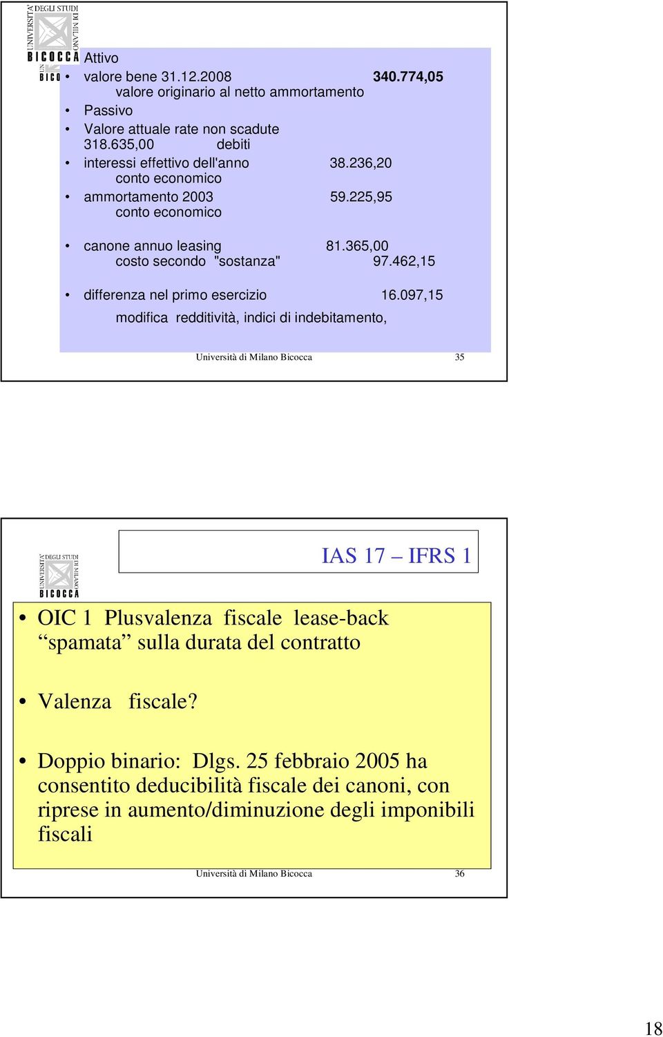 097,15 modifica redditività, indici di indebitamento, Università di Milano Bicocca 35 IAS 17 IFRS 1 OIC 1 Plusvalenza fiscale lease-back spamata sulla durata del contratto