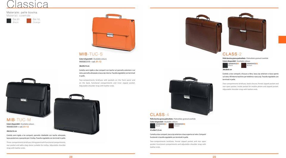 Two-compartments briefcase with pockets on the front panel and on the back, functional compartments and inner zipped pocket. Adjustable shoulder strap with leather ends.