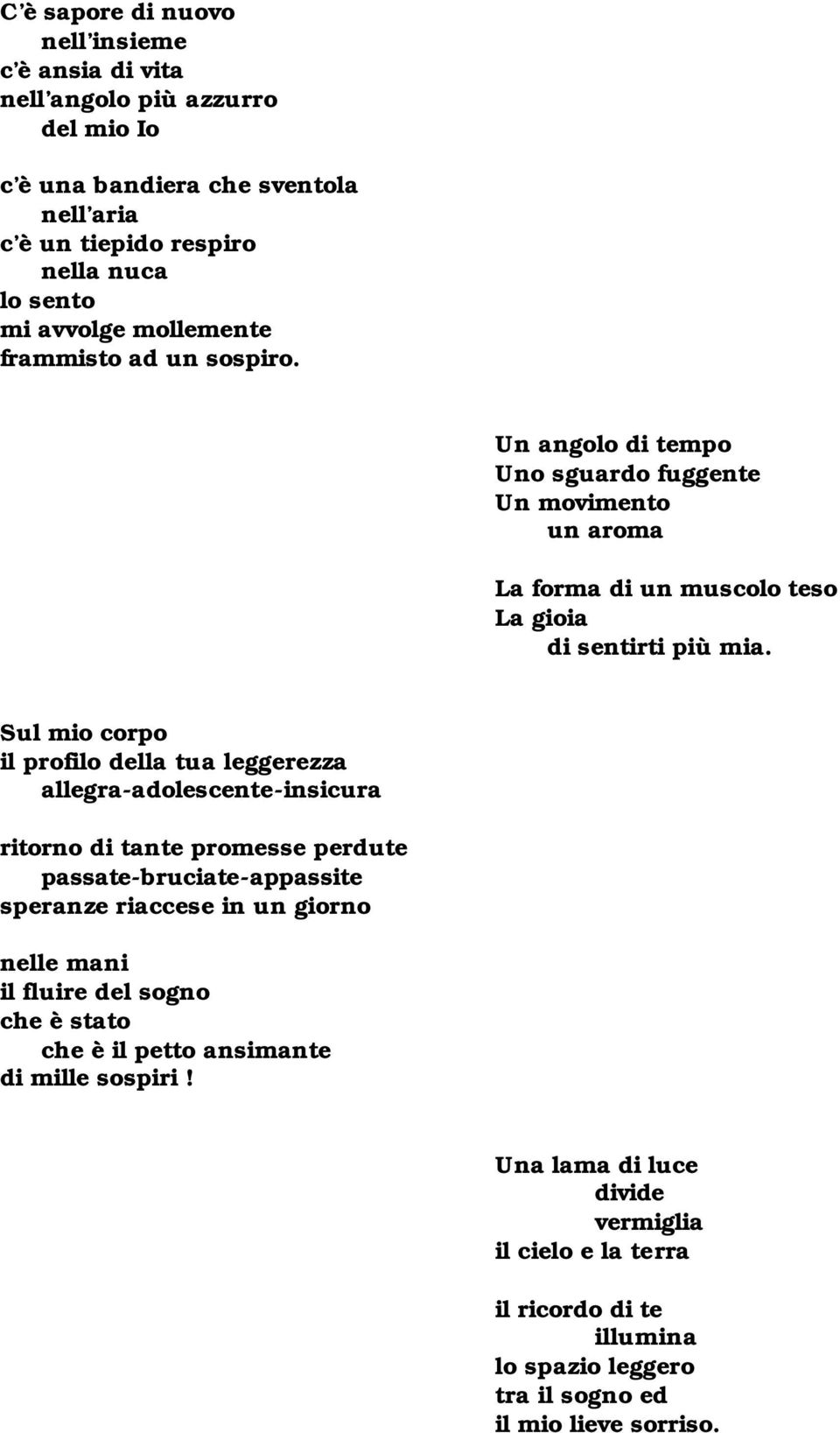 Sul mio corpo il profilo della tua leggerezza allegra-adolescente-insicura ritorno di tante promesse perdute passate-bruciate-appassite speranze riaccese in un giorno nelle mani il