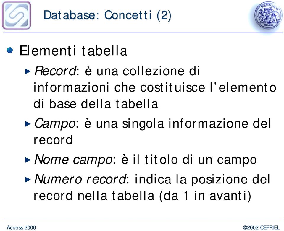 una singola informazione del record Nome campo: è il titolo di un campo