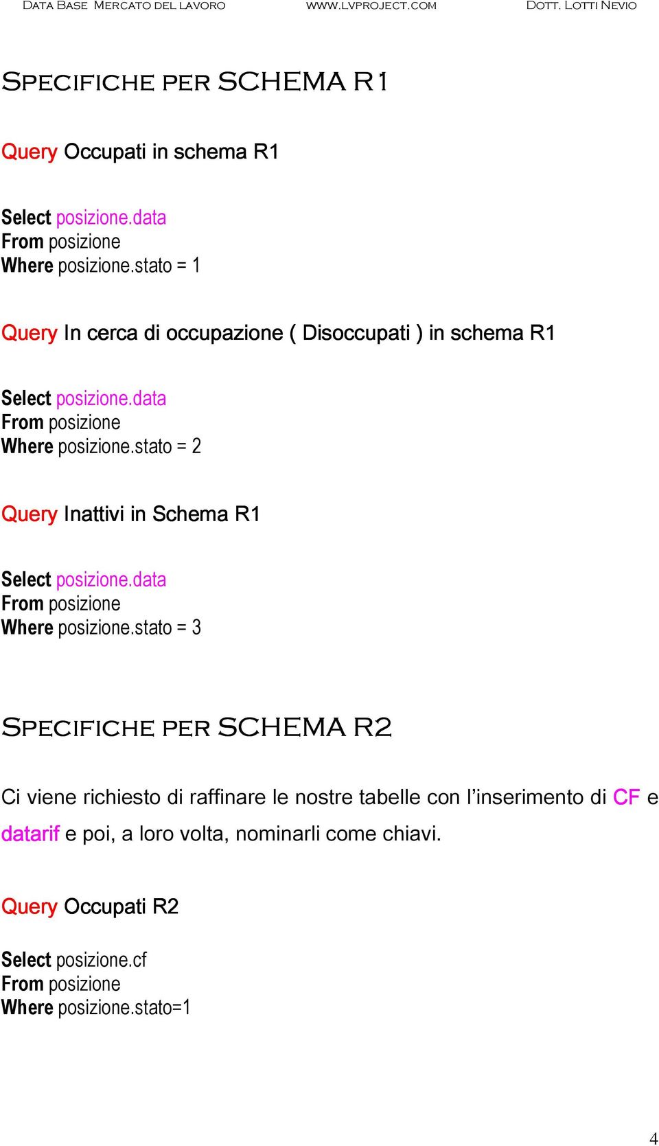 stato = 2 Query Inattivi in Schema R1 Select posizione.data From posizione Where posizione.