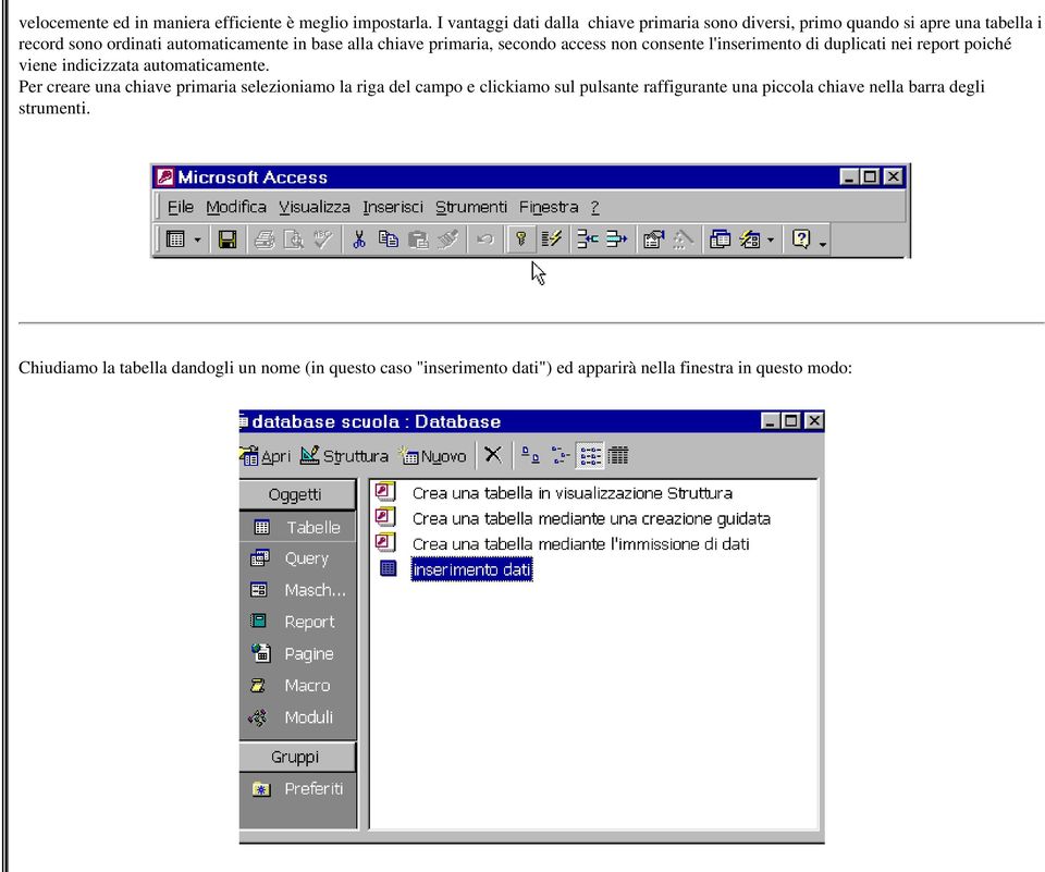 primaria, secondo access non consente l'inserimento di duplicati nei report poiché viene indicizzata automaticamente.