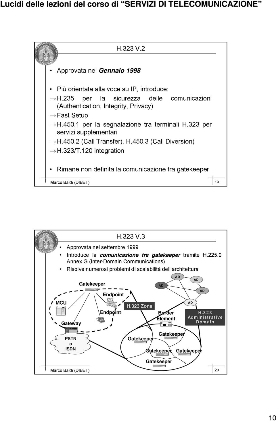 120 integration Rimane non definita la comunicazione tra gatekeeper Marco Baldi (DIBET) 19 H.323 V.3 Approvata nel settembre 1999 Introduce la comunicazione tra gatekeeper tramite H.225.