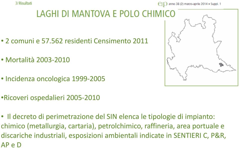 Ricoveri ospedalieri 2005-2010 Il decreto di perimetrazione del SIN elenca le tipologie