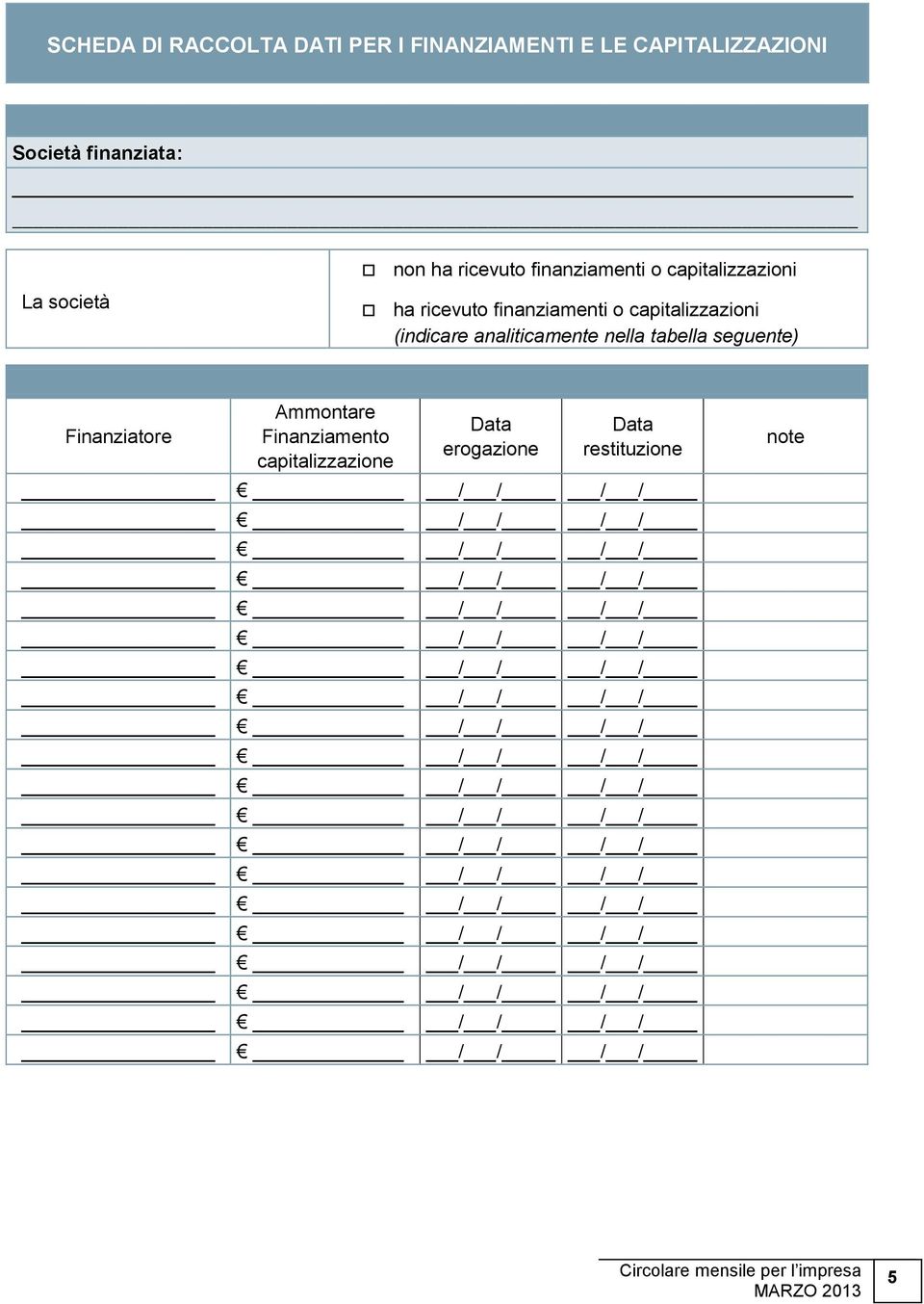 finanziamenti o capitalizzazioni (indicare analiticamente nella tabella seguente)