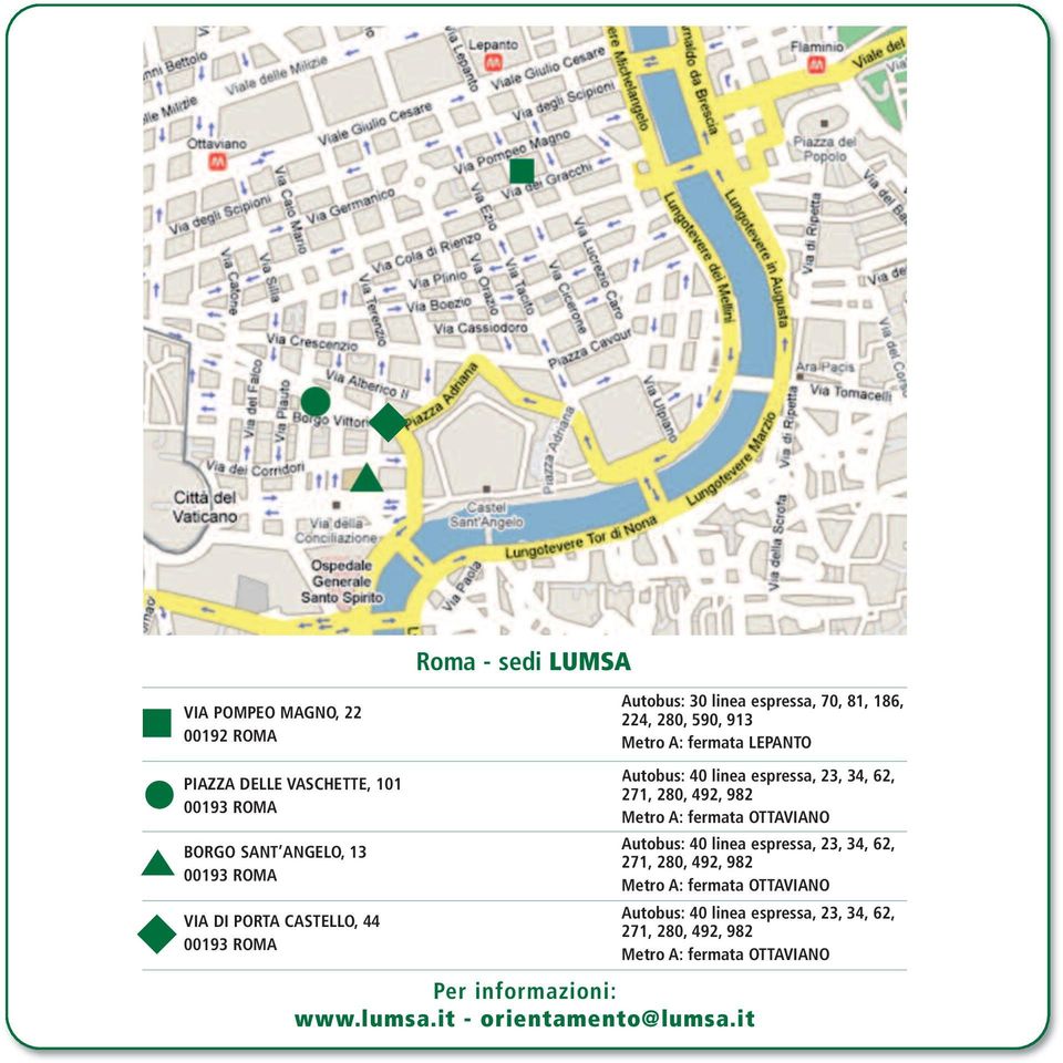 23, 34, 62, 271, 280, 492, 982 Metro A: fermata OTTAVIANO Autobus: 40 linea espressa, 23, 34, 62, 271, 280, 492, 982 Metro A: fermata