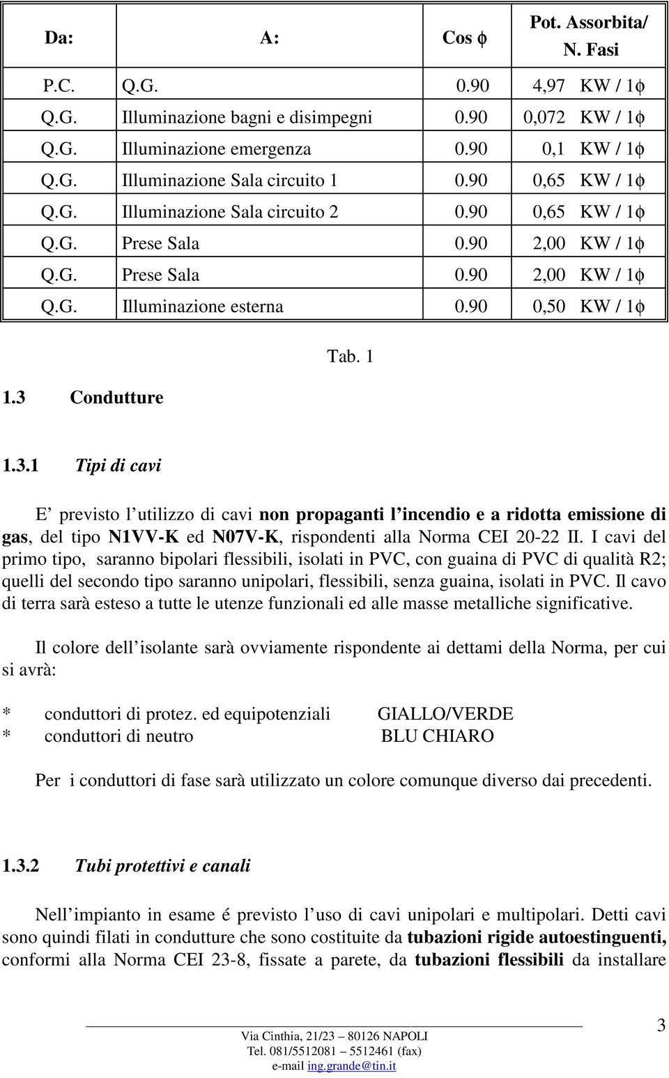 3 Condutture Tab. 1 1.3.1 Tipi di cavi E previsto l utilizzo di cavi non propaganti l incendio e a ridotta emissione di gas, del tipo N1VV-K ed N07V-K, rispondenti alla Norma CEI 20-22 II.