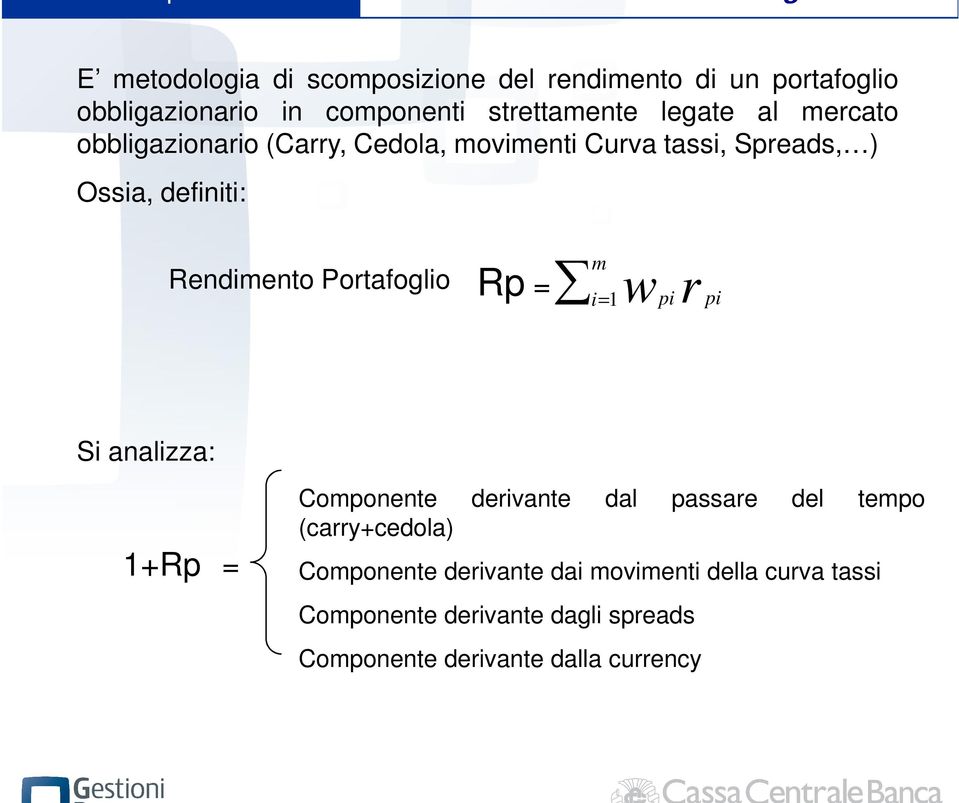 Potafoglo Rp m 1 p p S analzza: 1+Rp Componente devante dal passae del tempo (cay+cedola)