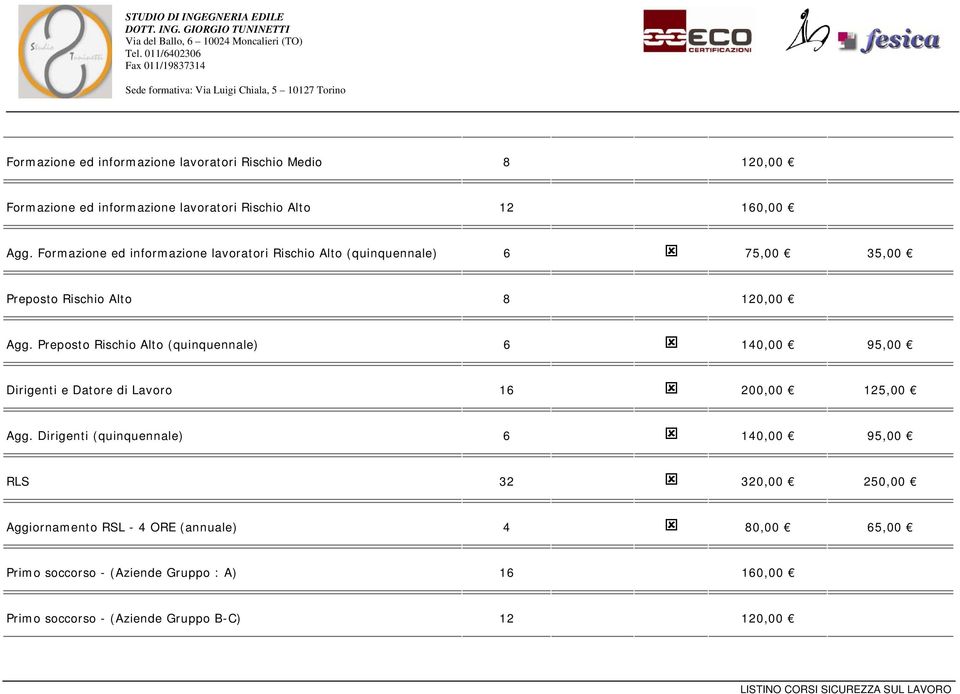 Preposto Rischio Alto (quinquennale) 6 140,00 95,00 Dirigenti e Datore di Lavoro 16 200,00 125,00 Agg.