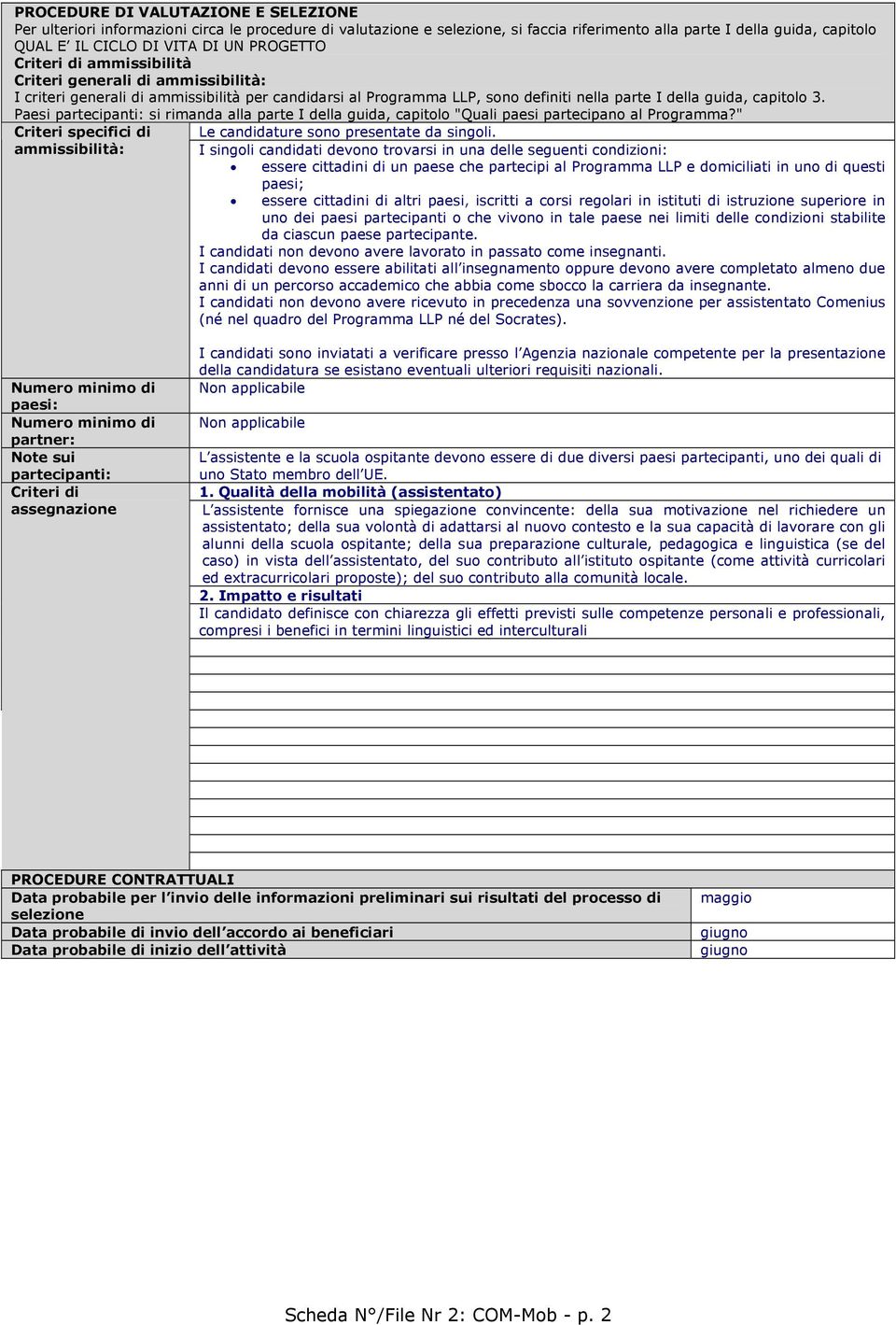 Paesi partecipanti: si rimanda alla parte I della guida, capitolo "Quali paesi partecipano al Programma?" Criteri specifici di ammissibilità: Le candidature sono presentate da singoli.