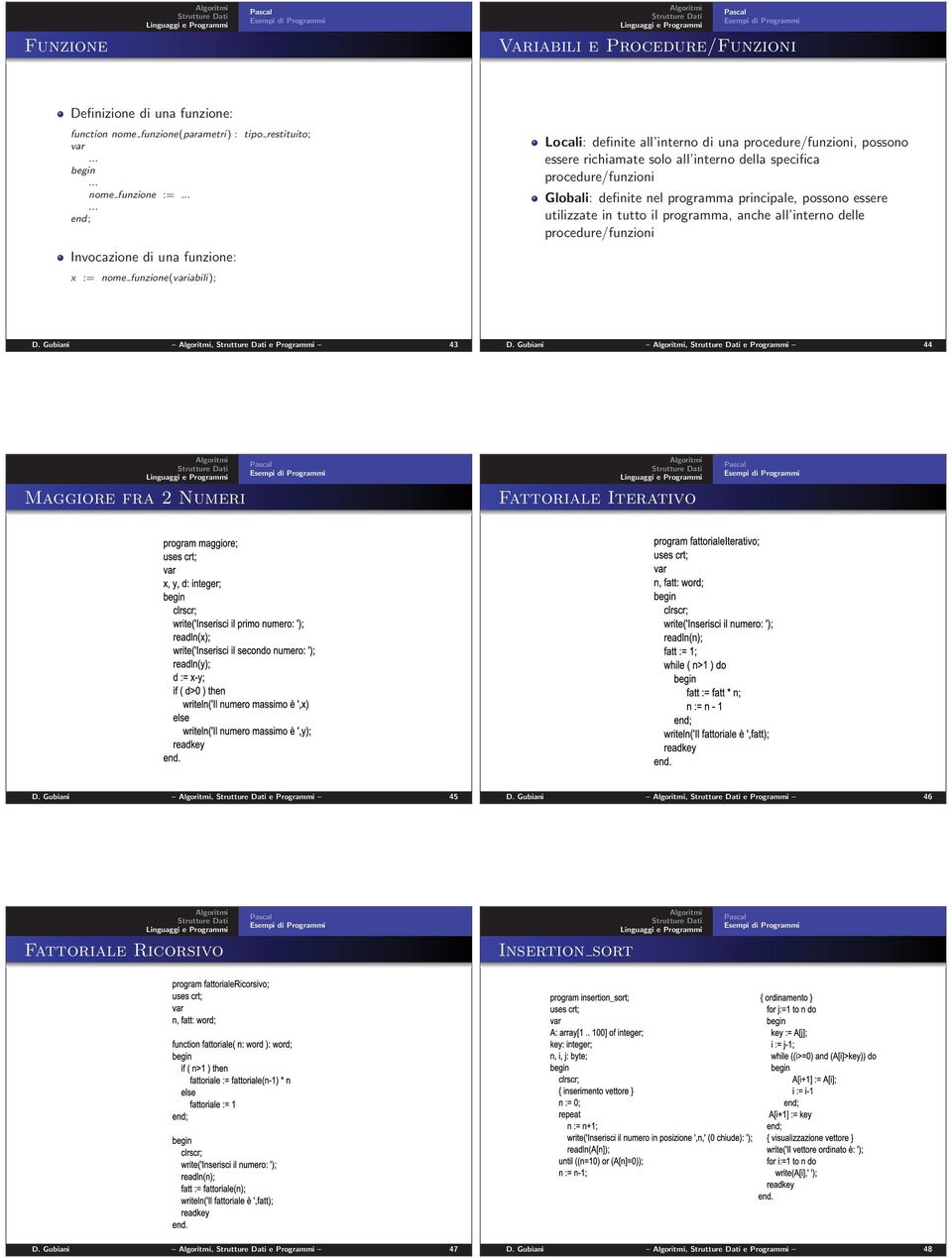 tutto il programma, anche all interno delle procedure/funzioni Invocazione di una funzione: x := nome funzione(variabili); D. Gubiani, e Programmi 43 D.