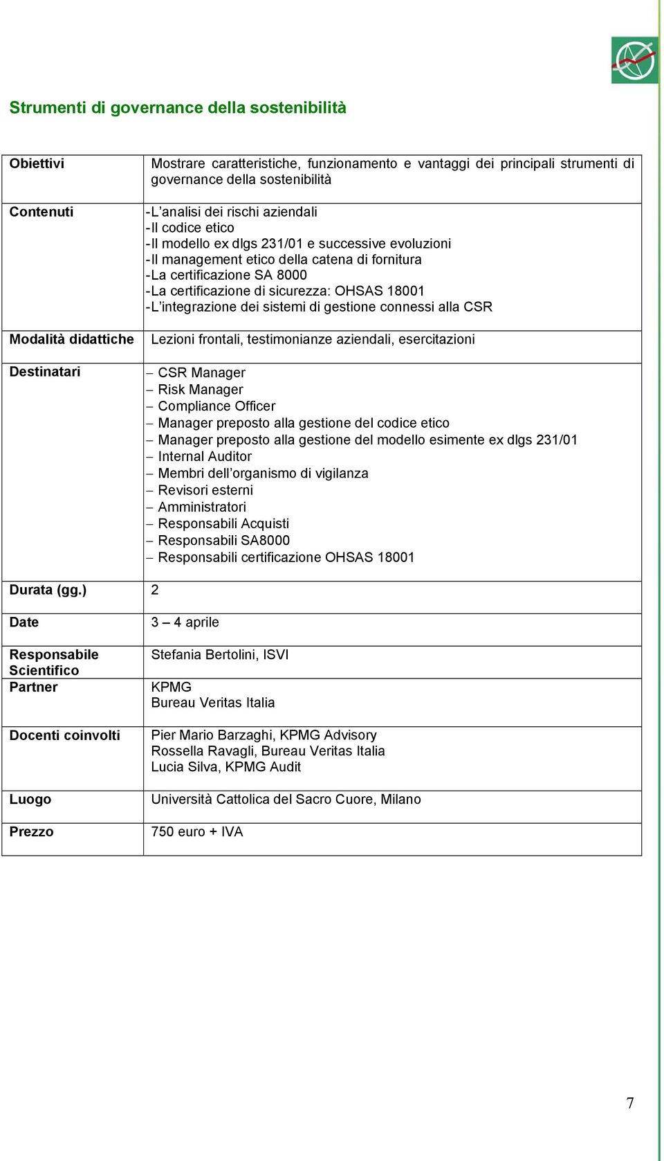 dei sistemi di gestione connessi alla CSR Lezioni frontali, testimonianze aziendali, esercitazioni CSR Manager Risk Manager Compliance Officer Manager preposto alla gestione del codice etico Manager