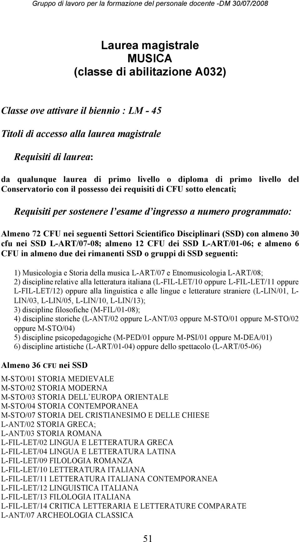 Scientifico Disciplinari (SSD) con almeno 30 cfu nei SSD L-ART/07-08; almeno 12 CFU dei SSD L-ART/01-06; e almeno 6 CFU in almeno due dei rimanenti SSD o gruppi di SSD seguenti: 1) Musicologia e