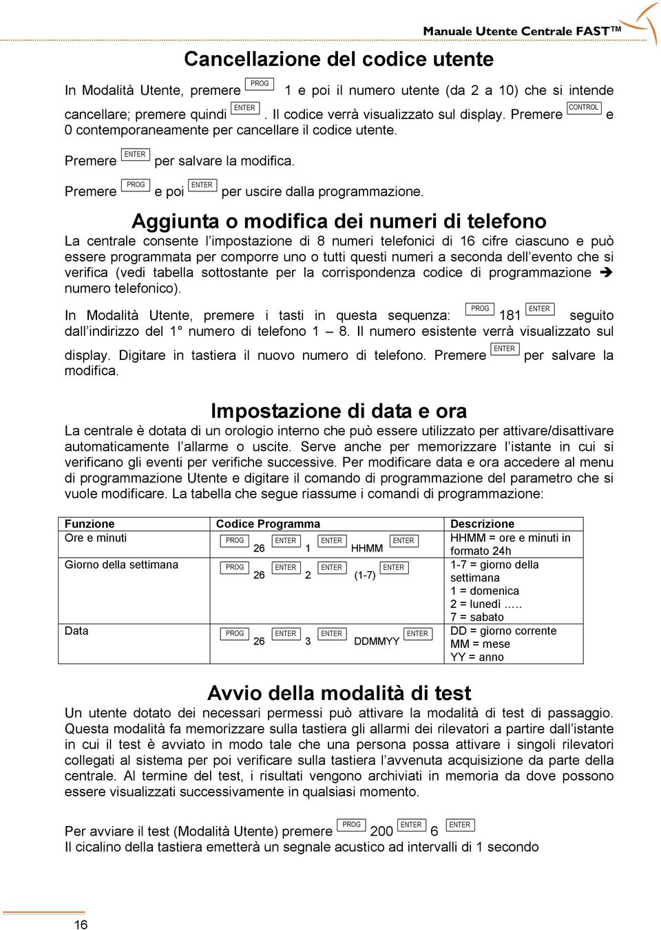 Premere PROG e poi ENTER per uscire dalla programmazione.