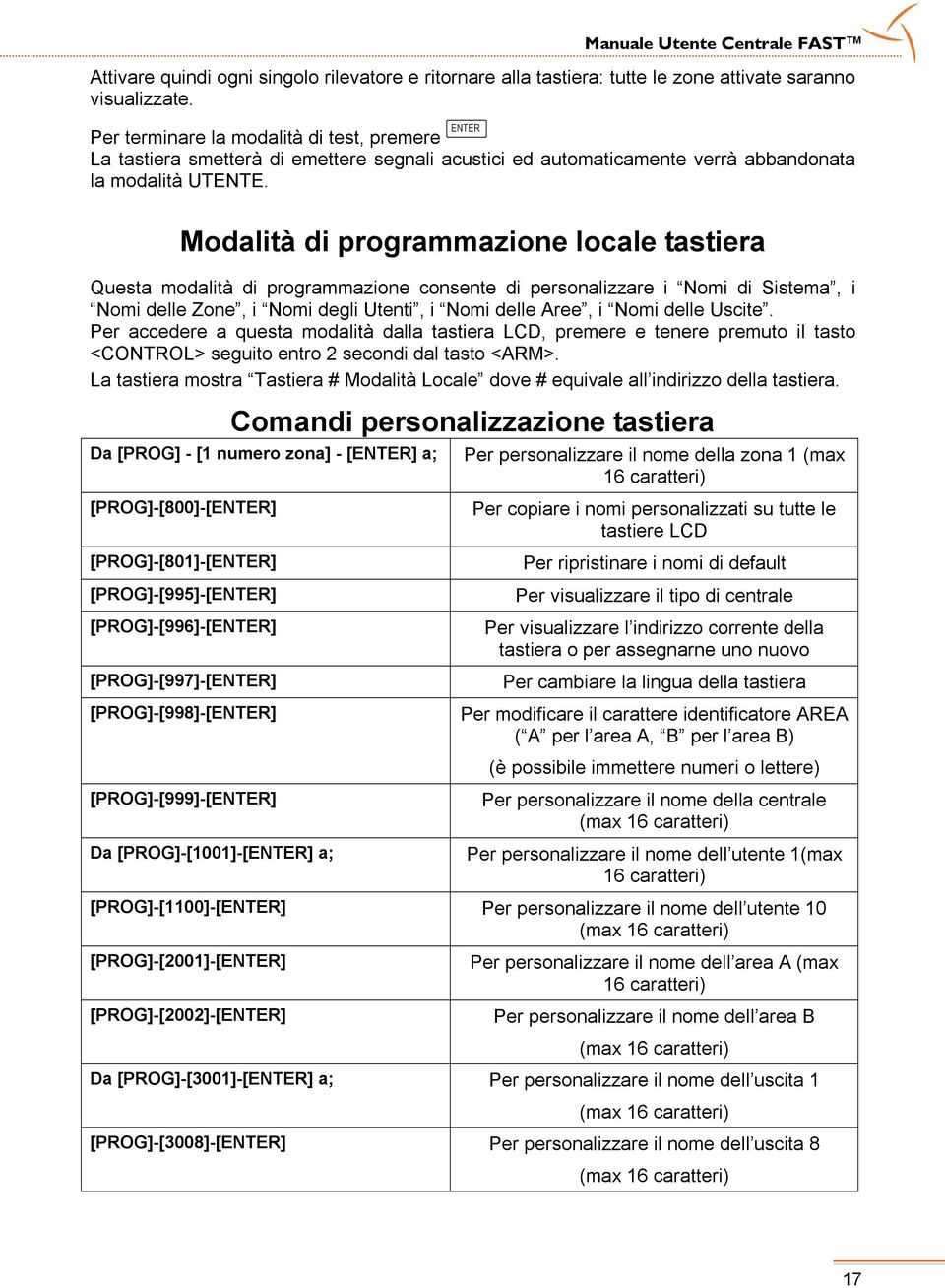 Modalità di programmazione locale tastiera Questa modalità di programmazione consente di personalizzare i Nomi di Sistema, i Nomi delle Zone, i Nomi degli Utenti, i Nomi delle Aree, i Nomi delle