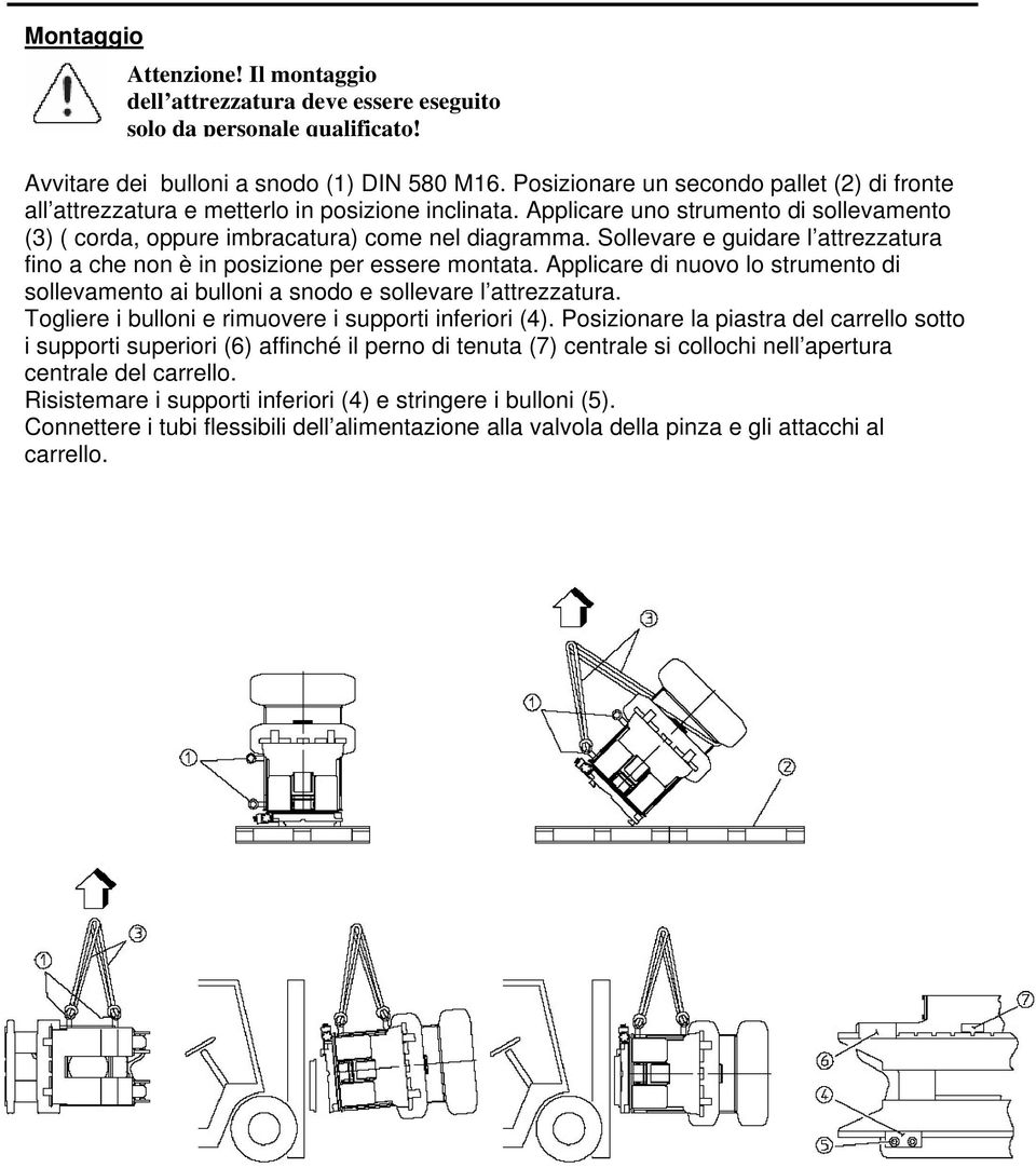 Sollevare e guidare l attrezzatura fino a che non è in posizione per essere montata. Applicare di nuovo lo strumento di sollevamento ai bulloni a snodo e sollevare l attrezzatura.