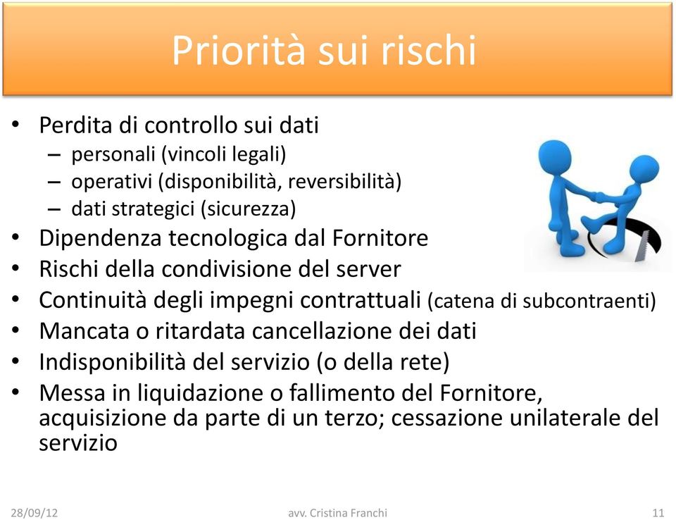 contrattuali (catena di subcontraenti) Mancata o ritardata cancellazione dei dati Indisponibilità del servizio (o della