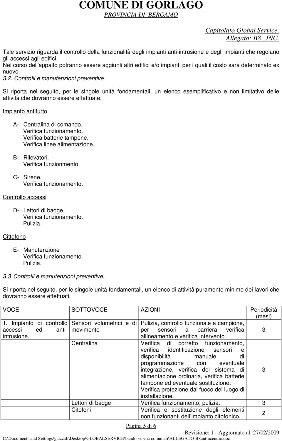 Controlli e manutenzioni preventive Si riporta nel seguito, per le singole unità fondamentali, un elenco esemplificativo e non limitativo delle attività che dovranno essere effettuate.