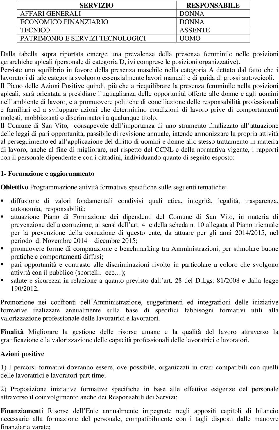 Persiste uno squilibrio in favore della presenza maschile nella categoria A dettato dal fatto che i lavoratori di tale categoria svolgono essenzialmente lavori manuali e di guida di grossi