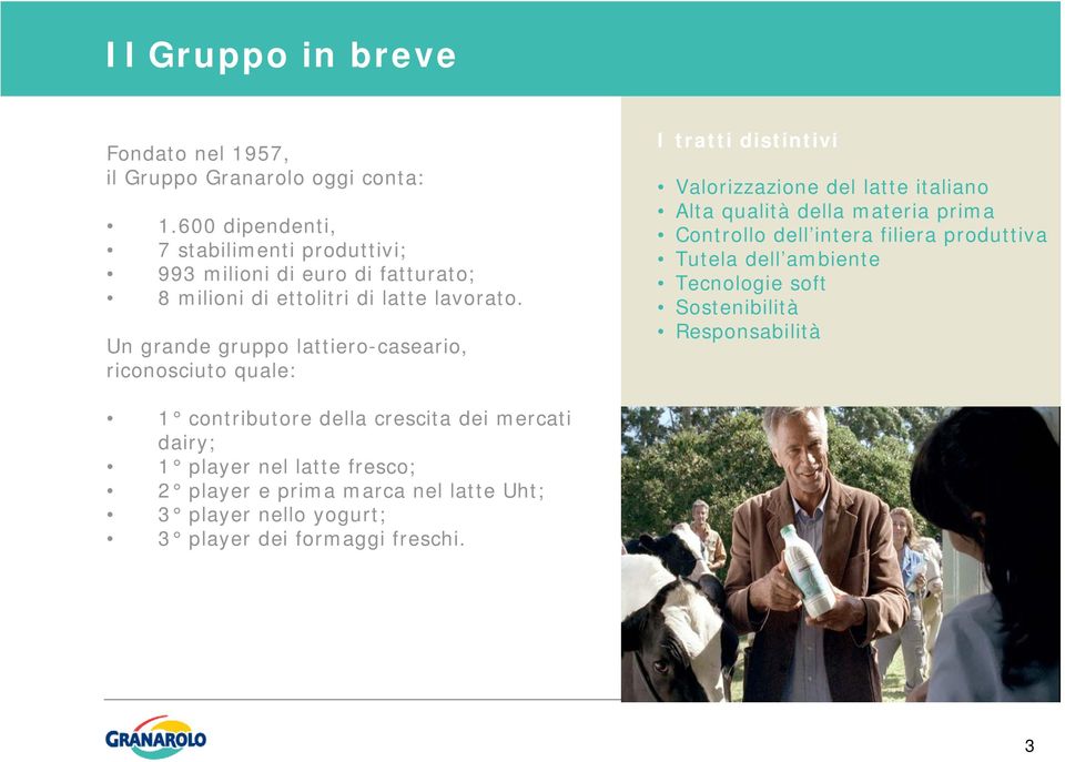 Un grande gruppo lattiero-caseario, riconosciuto quale: I tratti distintivi Valorizzazione del latte italiano Alta qualità della materia prima Controllo