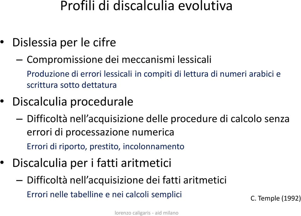 procedure di calcolo senza errori di processazione numerica Errori di riporto, prestito, incolonnamento Discalculia per i