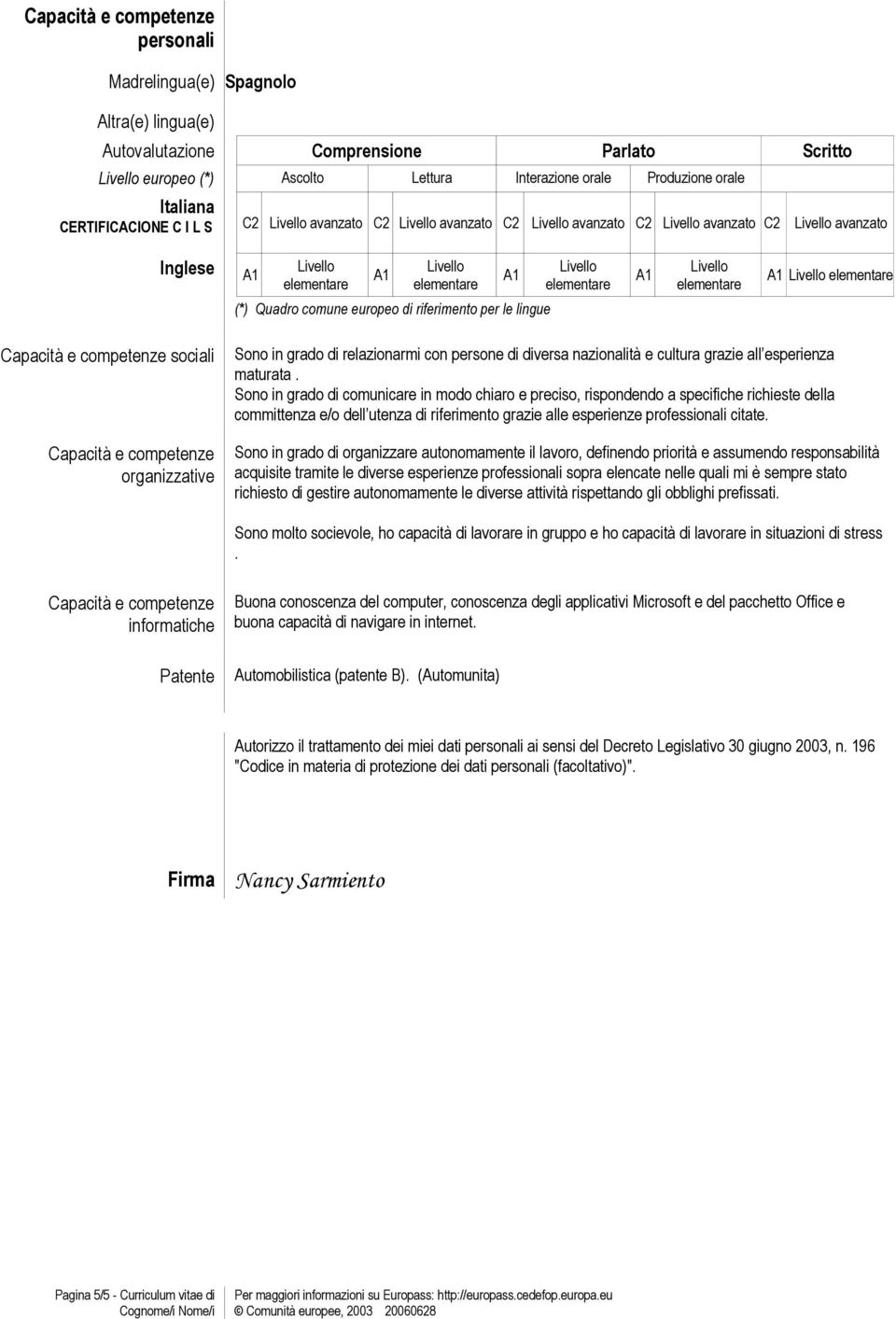 organizzative Sono in grado di relazionarmi con persone di diversa nazionalità e cultura grazie all esperienza maturata.